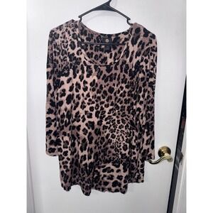 JM‎ Collection Womens Leopard Print Long Sleeve Scoop Neck Tunic Top Brown Large
